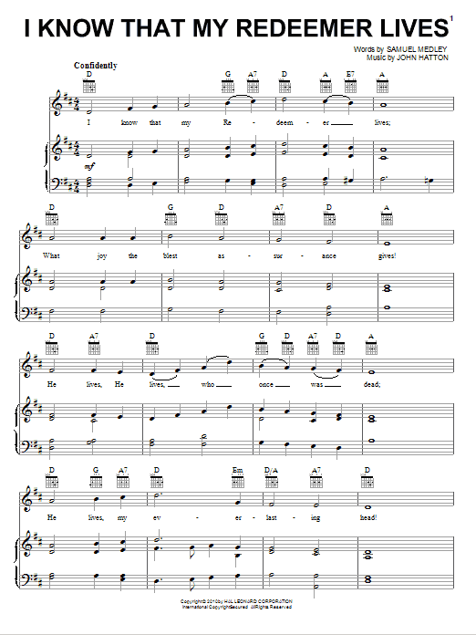 Samuel Medley I Know That My Redeemer Lives Sheet Music Notes & Chords for Piano, Vocal & Guitar (Right-Hand Melody) - Download or Print PDF