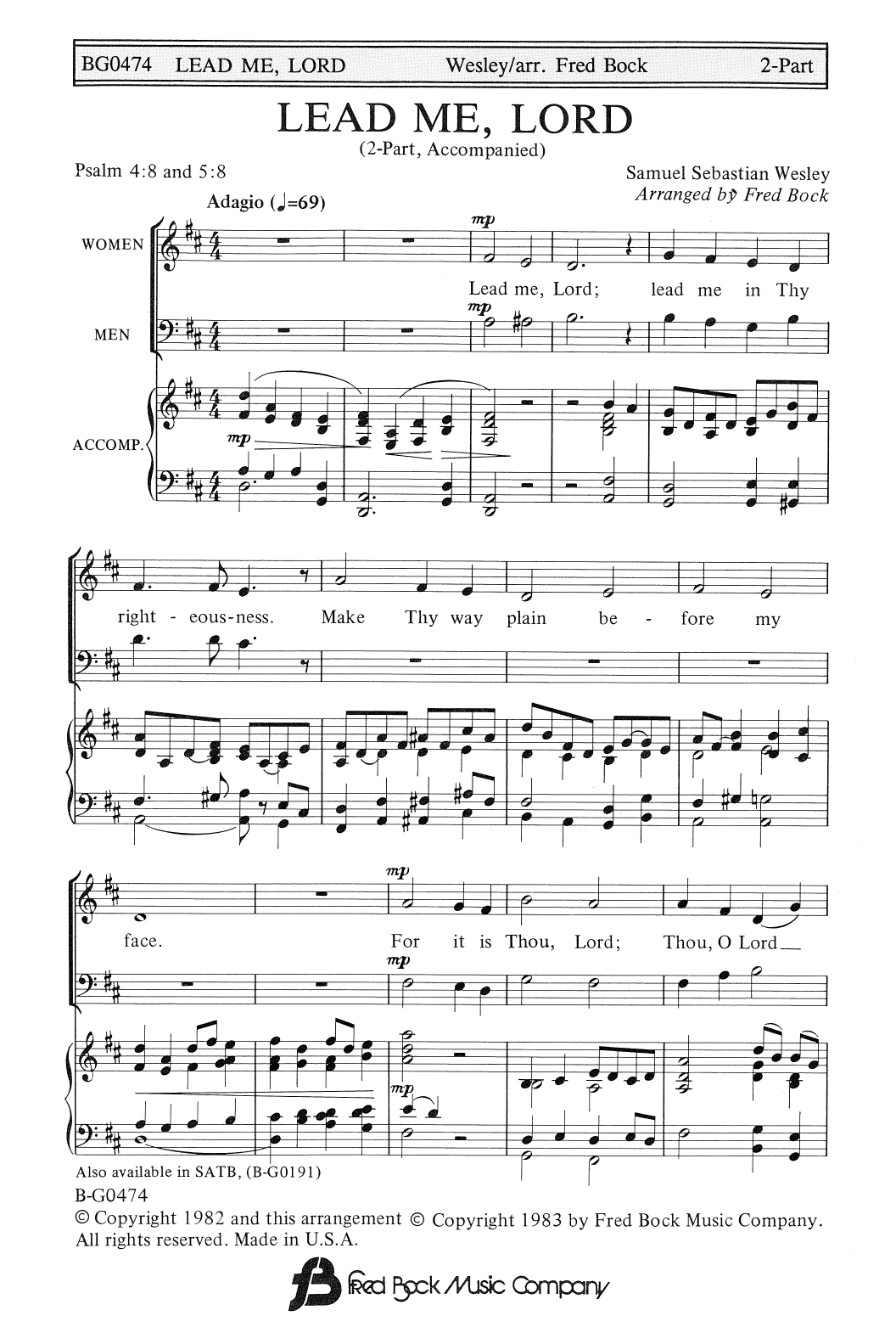 Samuel Sebastian Wesley Lead Me, Lord (arr. Fred Bock) Sheet Music Notes & Chords for SSAA Choir - Download or Print PDF Samuel Sebastian Wesley Lead Me, Lord (arr. Fred Bock) Sheet Music Notes & Chords for SSAA Choir - Download or Print PDF