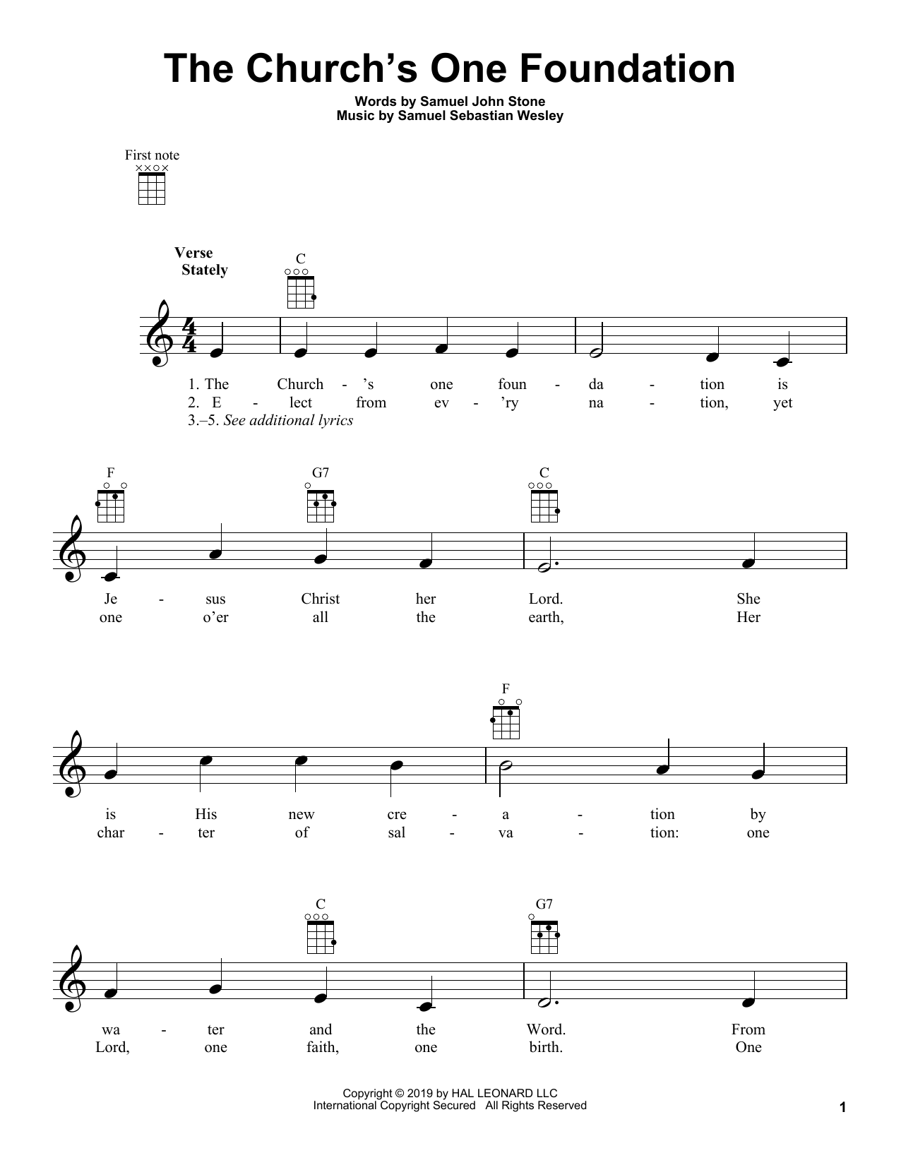Samuel Sebastian Wesley The Church's One Foundation Sheet Music Notes & Chords for Ukulele - Download or Print PDF