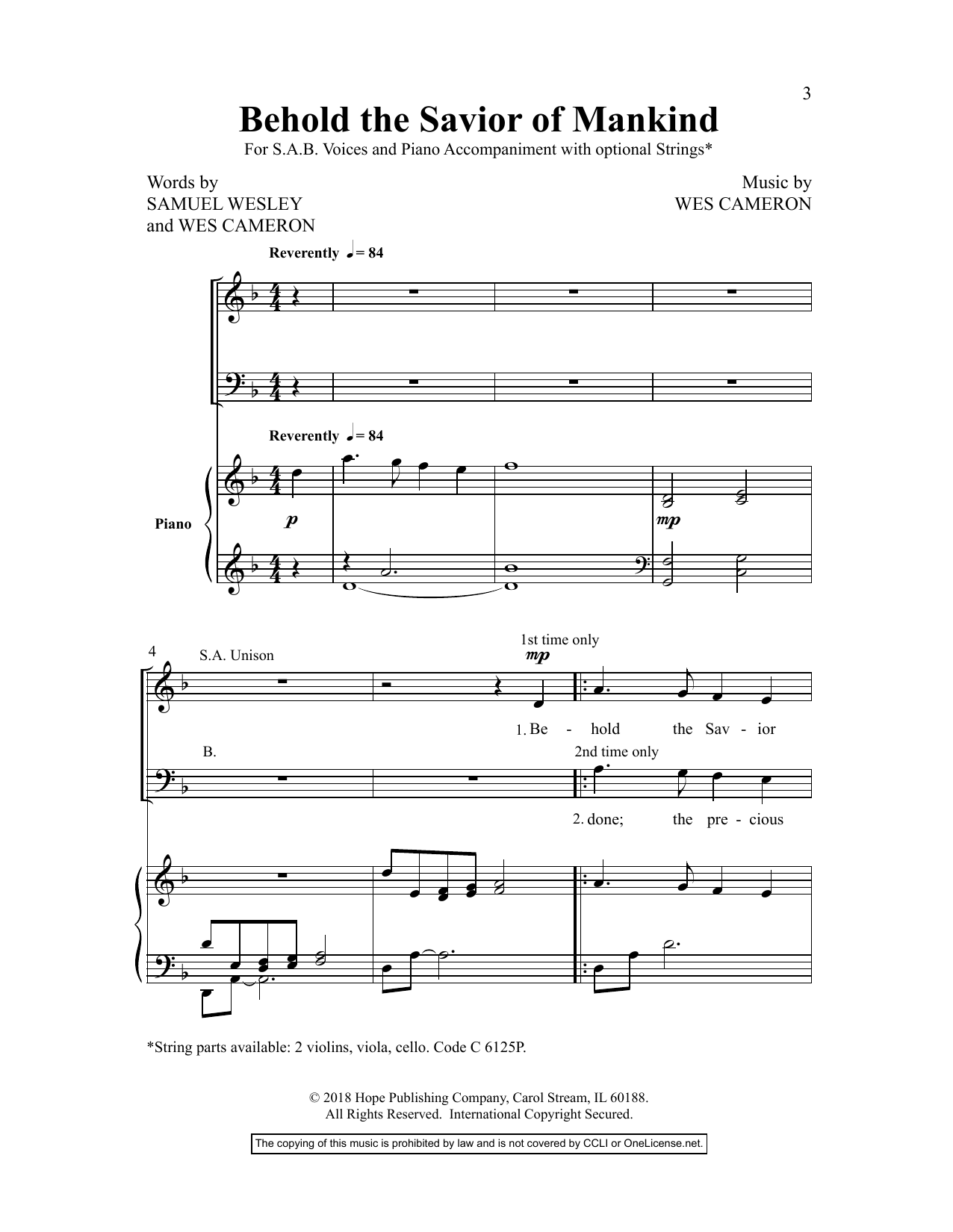 Samuel Wesley Behold the Savior of Mankind Sheet Music Notes & Chords for Choral - Download or Print PDF