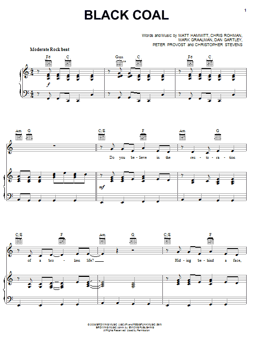 Sanctus Real Black Coal Sheet Music Notes & Chords for Piano, Vocal & Guitar (Right-Hand Melody) - Download or Print PDF