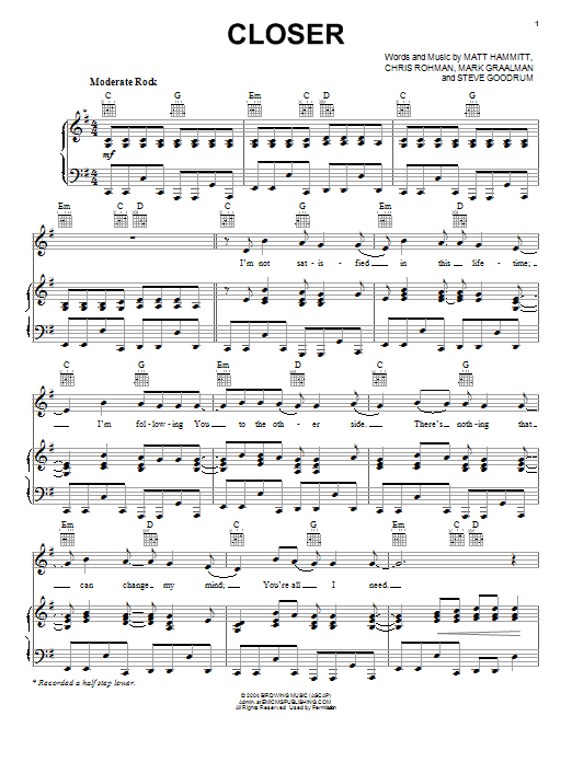 Sanctus Real Closer Sheet Music Notes & Chords for Piano, Vocal & Guitar (Right-Hand Melody) - Download or Print PDF Sanctus Real Closer Sheet Music Notes & Chords for Piano, Vocal & Guitar (Right-Hand Melody) - Download or Print PDF