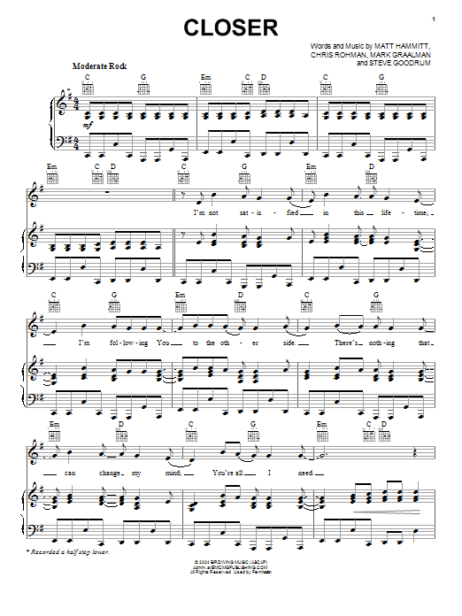 Sanctus Real Closer Sheet Music Notes & Chords for Piano, Vocal & Guitar (Right-Hand Melody) - Download or Print PDF
