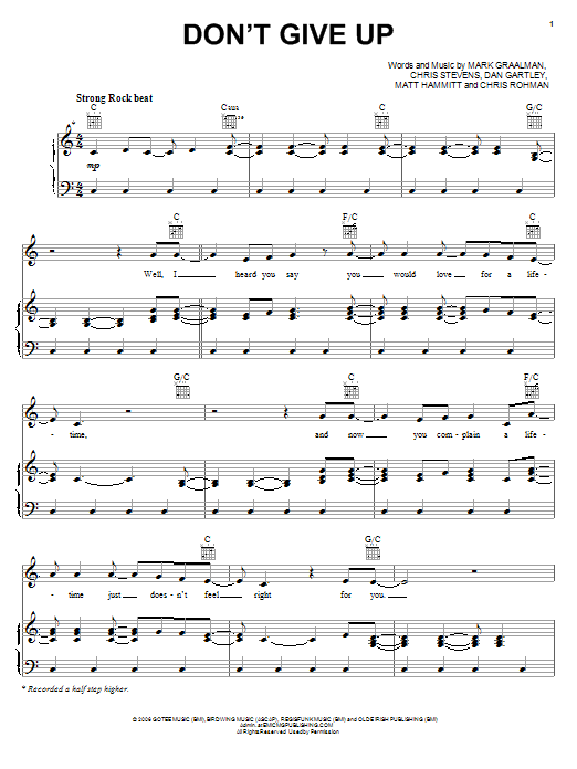 Sanctus Real Don't Give Up Sheet Music Notes & Chords for Piano, Vocal & Guitar (Right-Hand Melody) - Download or Print PDF