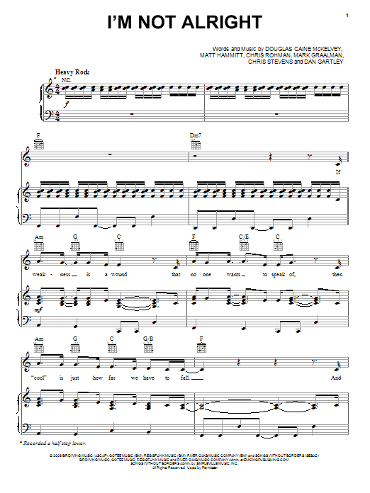 Sanctus Real I'm Not Alright Sheet Music Notes & Chords for Piano, Vocal & Guitar (Right-Hand Melody) - Download or Print PDF