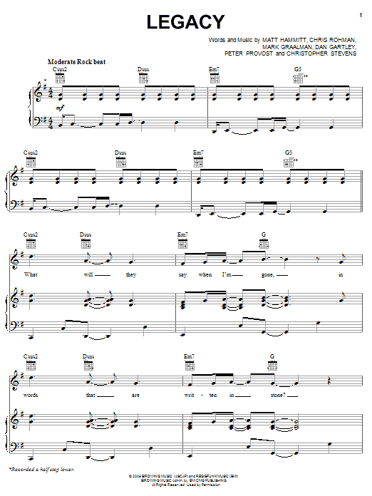 Sanctus Real Legacy Sheet Music Notes & Chords for Piano, Vocal & Guitar (Right-Hand Melody) - Download or Print PDF Sanctus Real Legacy Sheet Music Notes & Chords for Piano, Vocal & Guitar (Right-Hand Melody) - Download or Print PDF