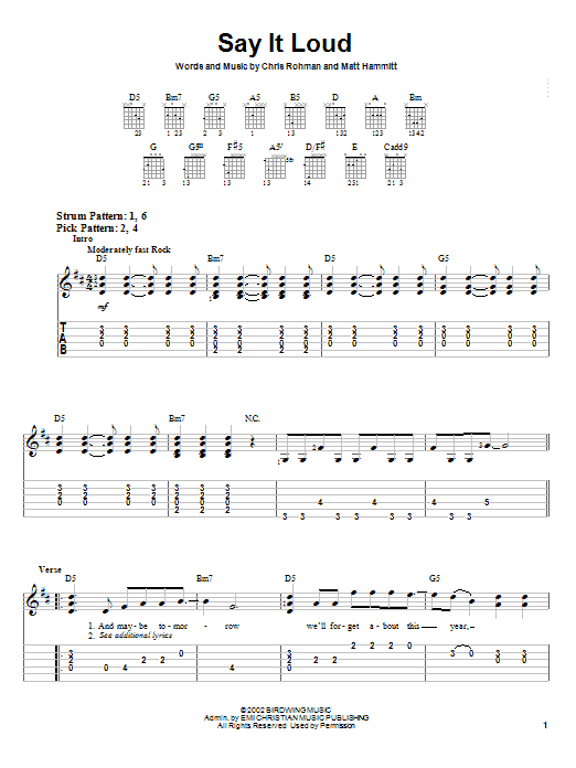 Sanctus Real Say It Loud Sheet Music Notes & Chords for Easy Guitar Tab - Download or Print PDF