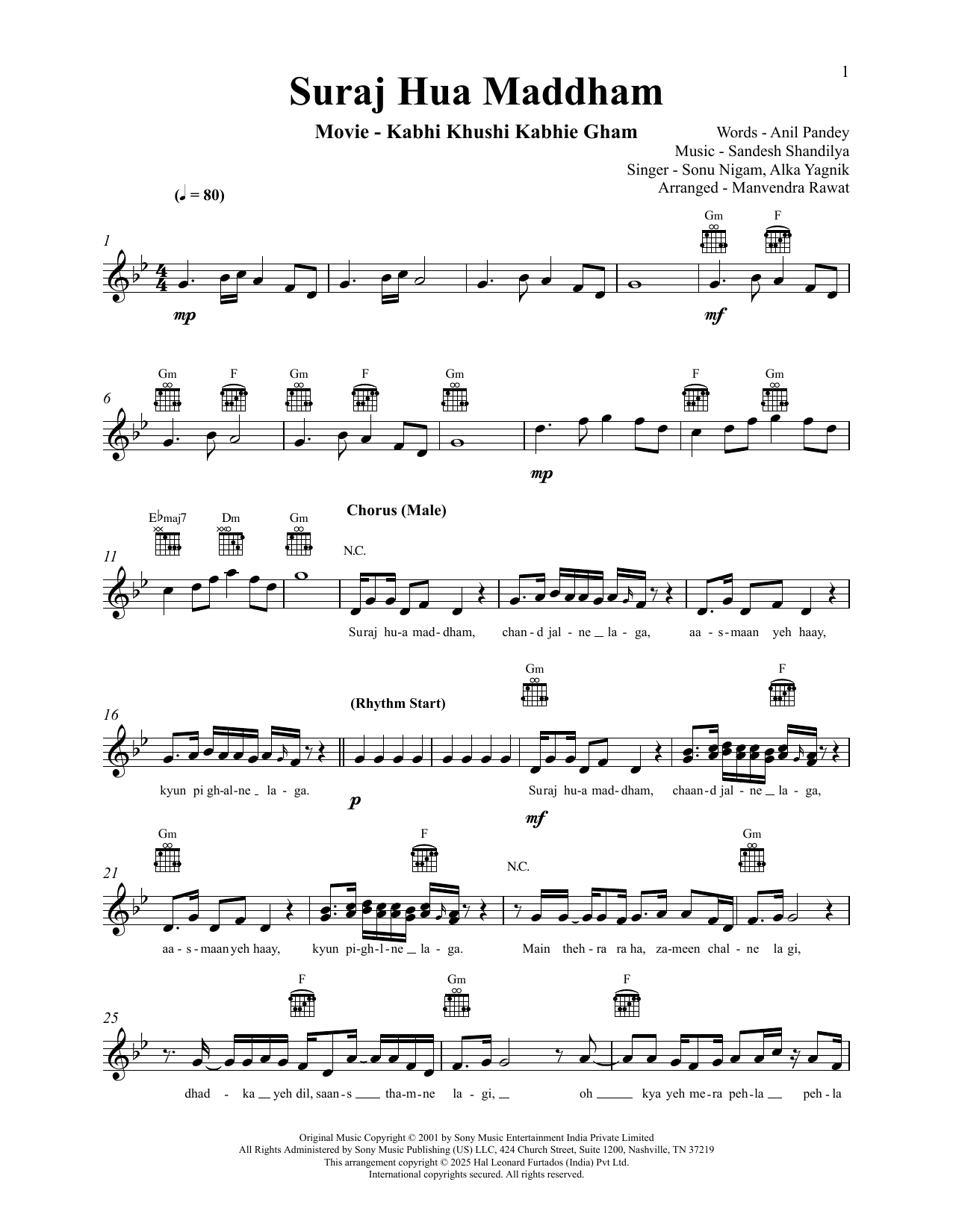 Sandesh Sandilya Suraj Hua Maddham (from Kabhi Khushi Kabhie Gham) Sheet Music Notes & Chords for Lead Sheet / Fake Book - Download or Print PDF