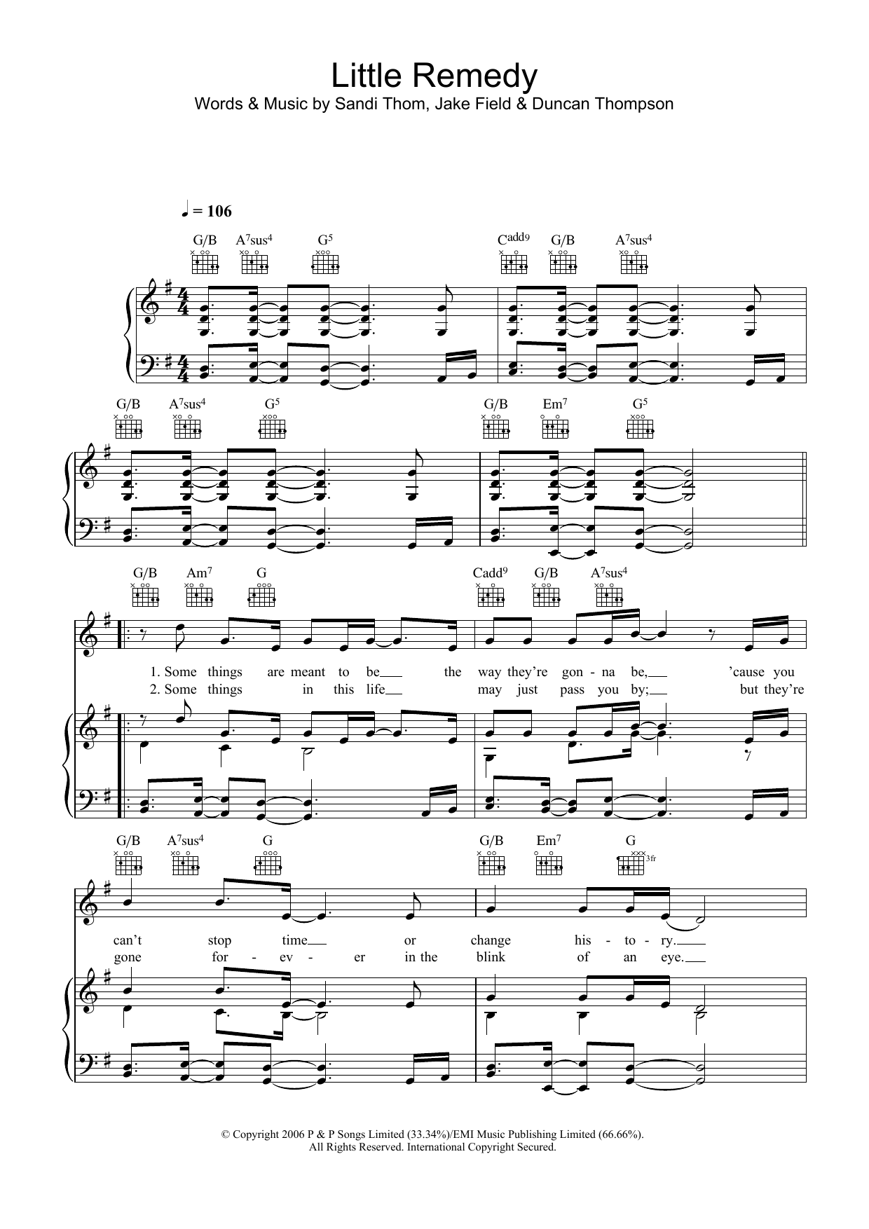 Sandi Thom Little Remedy Sheet Music Notes & Chords for Piano, Vocal & Guitar (Right-Hand Melody) - Download or Print PDF