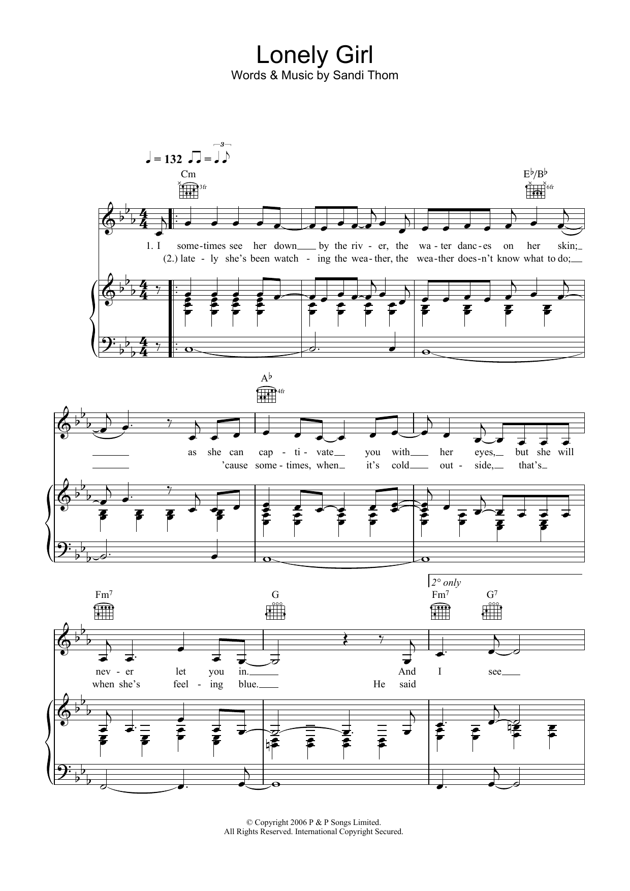 Sandi Thom Lonely Girl Sheet Music Notes & Chords for Piano, Vocal & Guitar (Right-Hand Melody) - Download or Print PDF