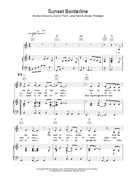 Sandi Thom Sunset Borderline Sheet Music Notes & Chords for Piano, Vocal & Guitar (Right-Hand Melody) - Download or Print PDF