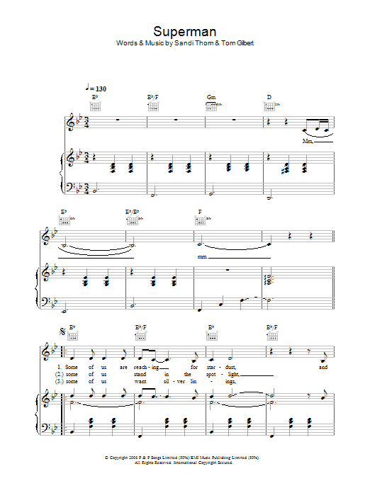 Sandi Thom Superman Sheet Music Notes & Chords for Piano, Vocal & Guitar (Right-Hand Melody) - Download or Print PDF