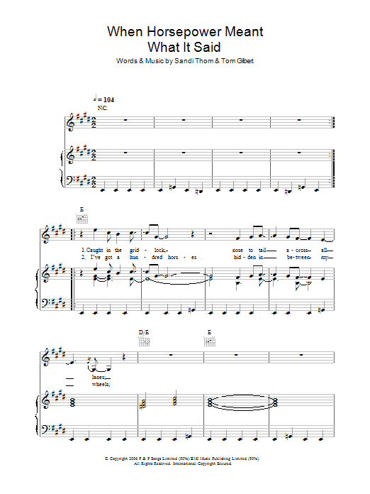 Sandi Thom When Horsepower Meant What It Said Sheet Music Notes & Chords for Piano, Vocal & Guitar (Right-Hand Melody) - Download or Print PDF