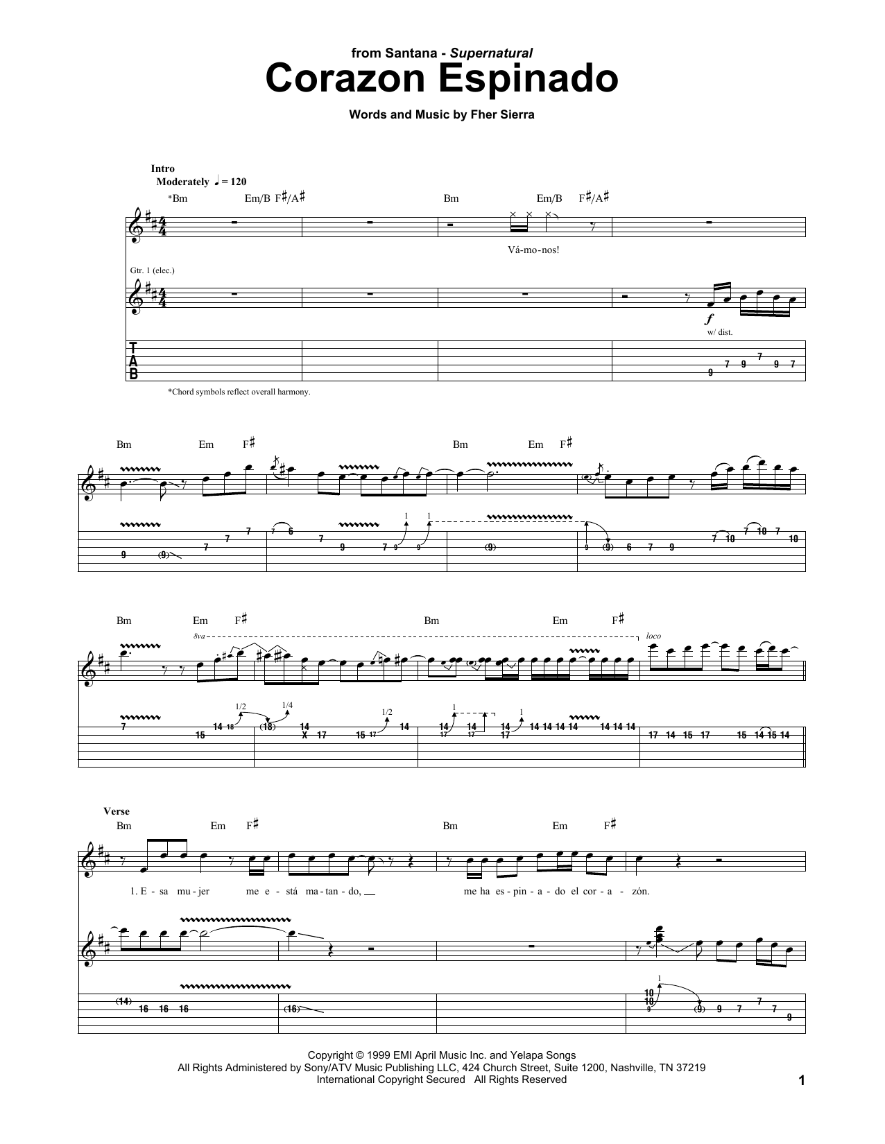 Santana Corazon Espinado Sheet Music Notes & Chords for Easy Guitar Tab - Download or Print PDF