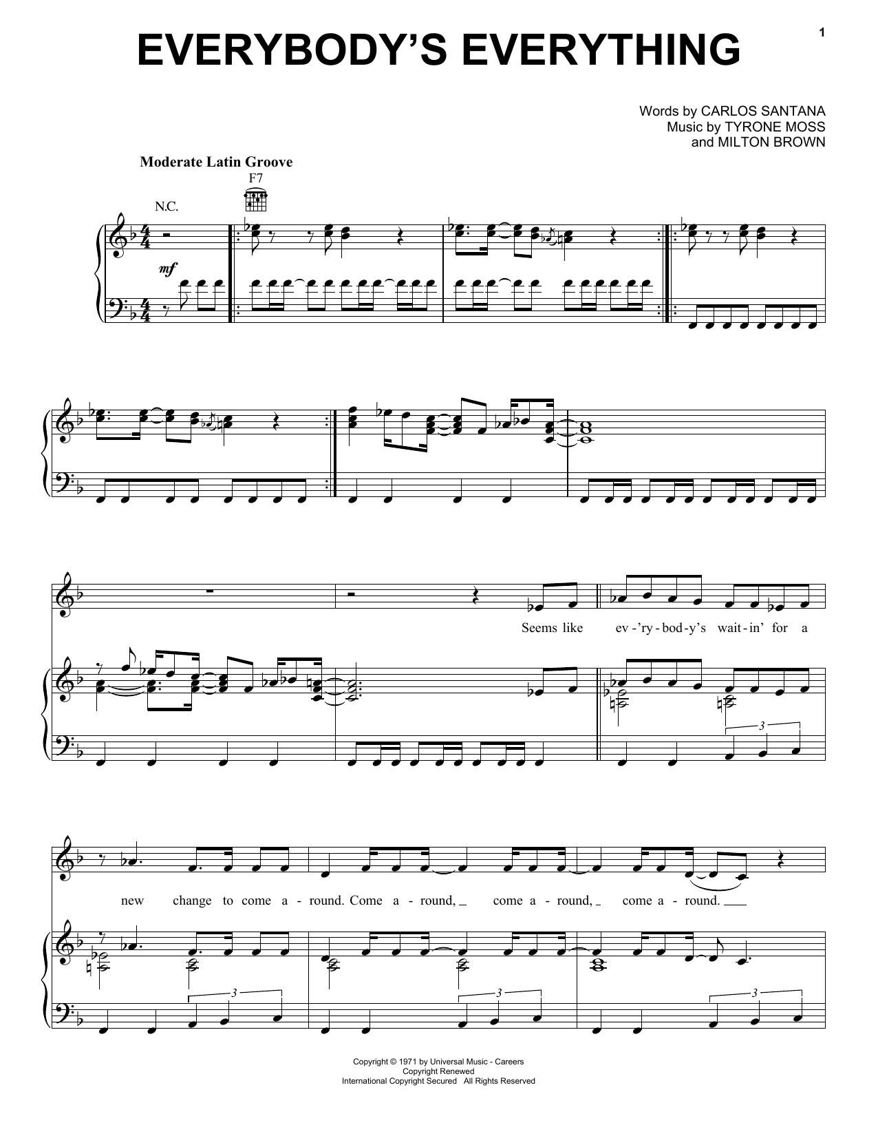Santana Everybody's Everything Sheet Music Notes & Chords for Piano, Vocal & Guitar (Right-Hand Melody) - Download or Print PDF
