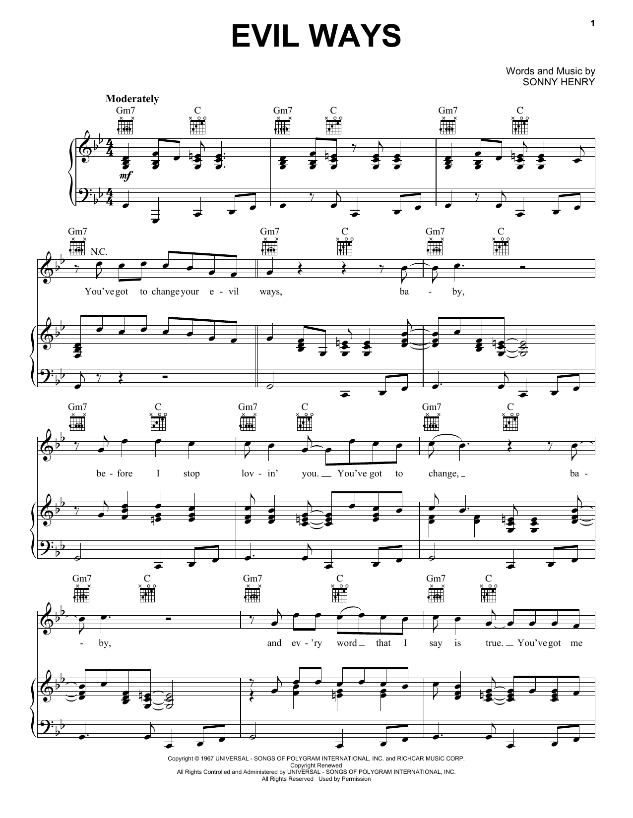 Santana Evil Ways Sheet Music Notes & Chords for Lyrics & Chords - Download or Print PDF