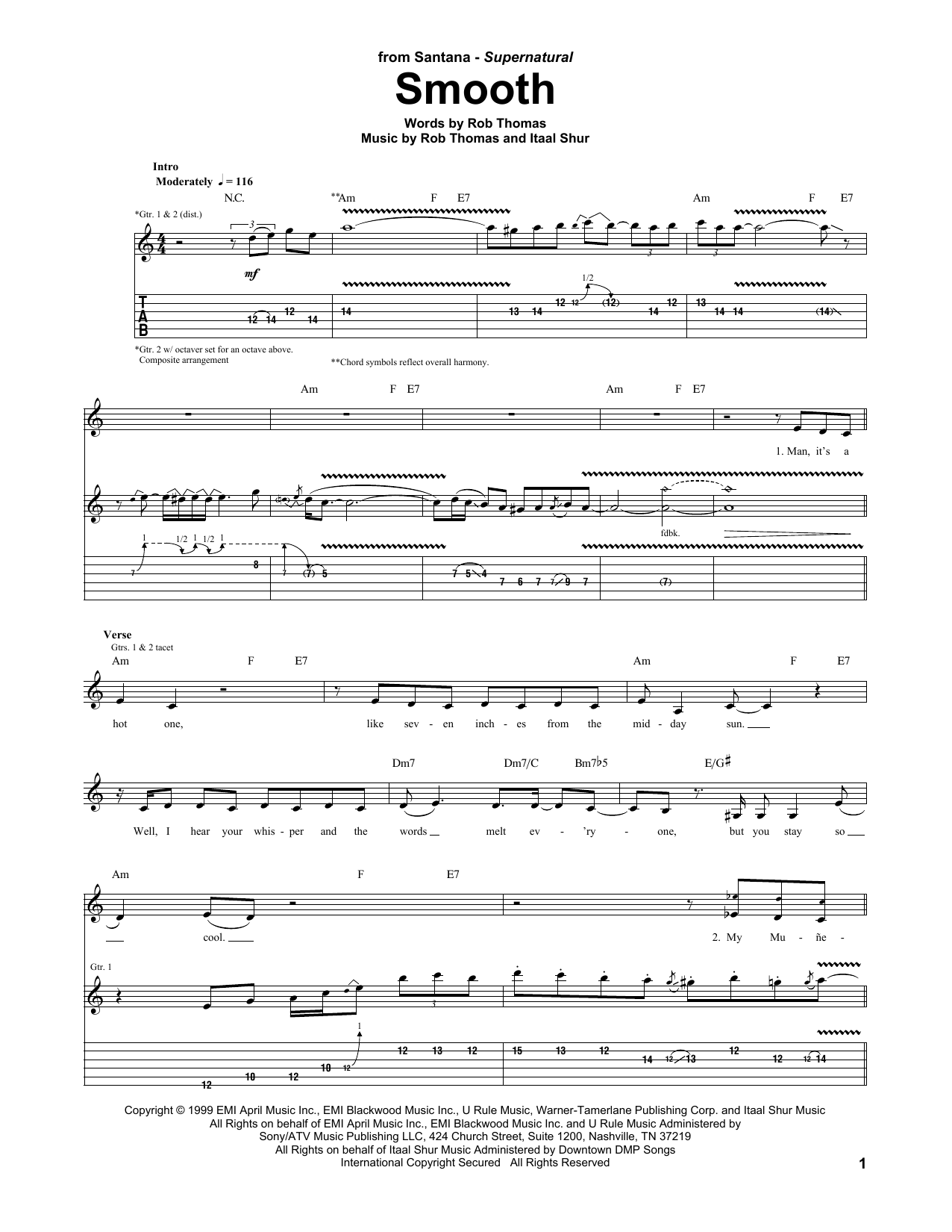 Santana featuring Rob Thomas Smooth Sheet Music Notes & Chords for Voice - Download or Print PDF