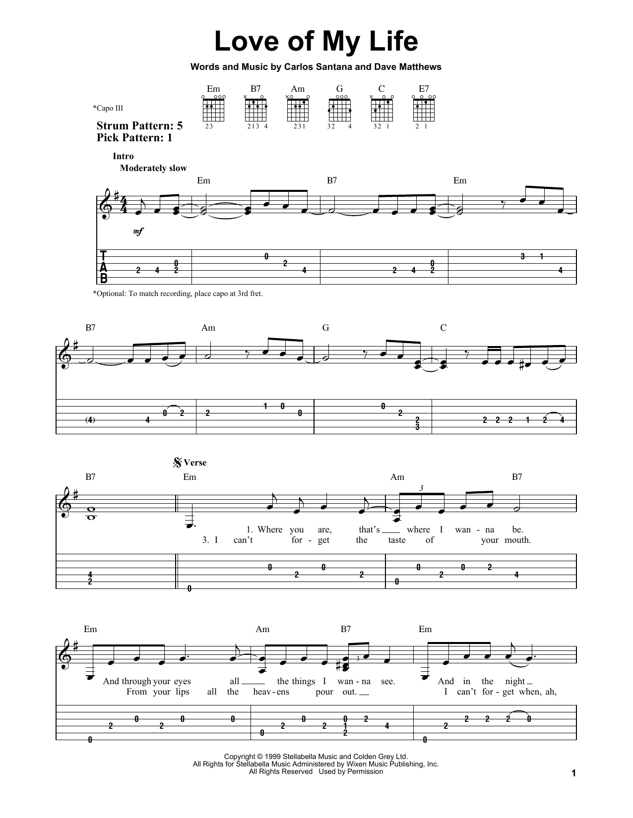 Santana Love Of My Life (feat. Dave Matthews) Sheet Music Notes & Chords for Piano, Vocal & Guitar (Right-Hand Melody) - Download or Print PDF