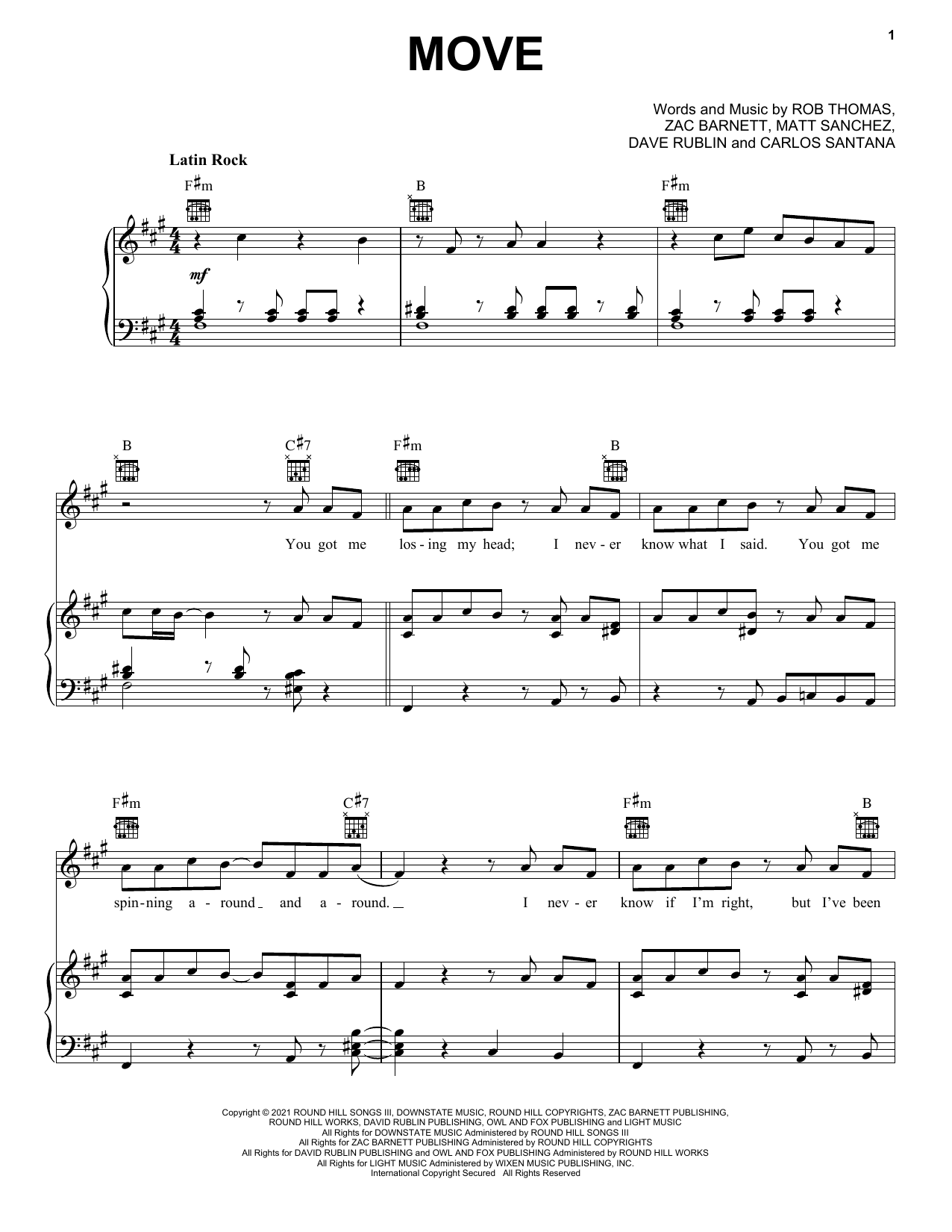 Santana, Rob Thomas & American Authors Move Sheet Music Notes & Chords for Piano, Vocal & Guitar (Right-Hand Melody) - Download or Print PDF