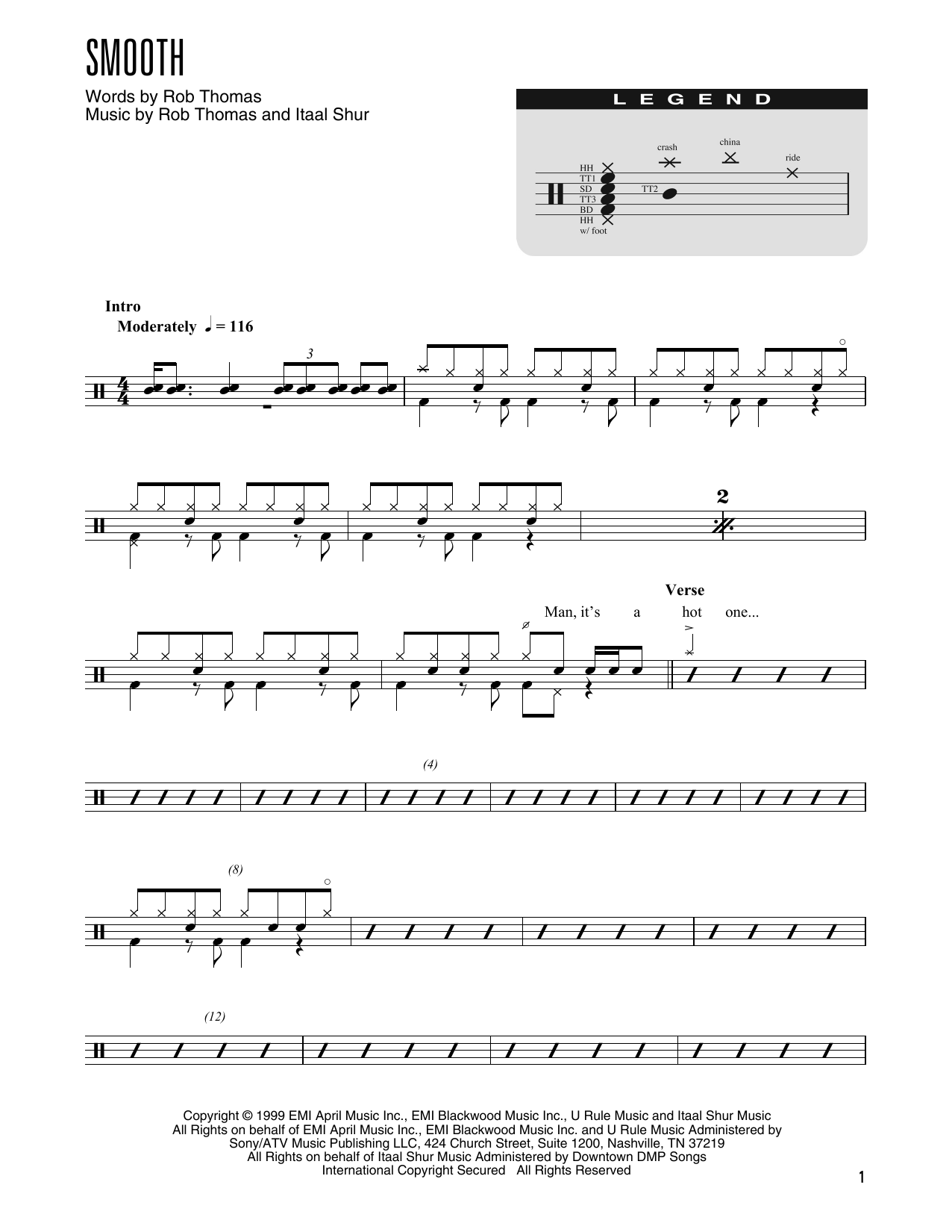 Santana Smooth (feat. Rob Thomas) (arr. Kennan Wylie) Sheet Music Notes & Chords for Drums Transcription - Download or Print PDF