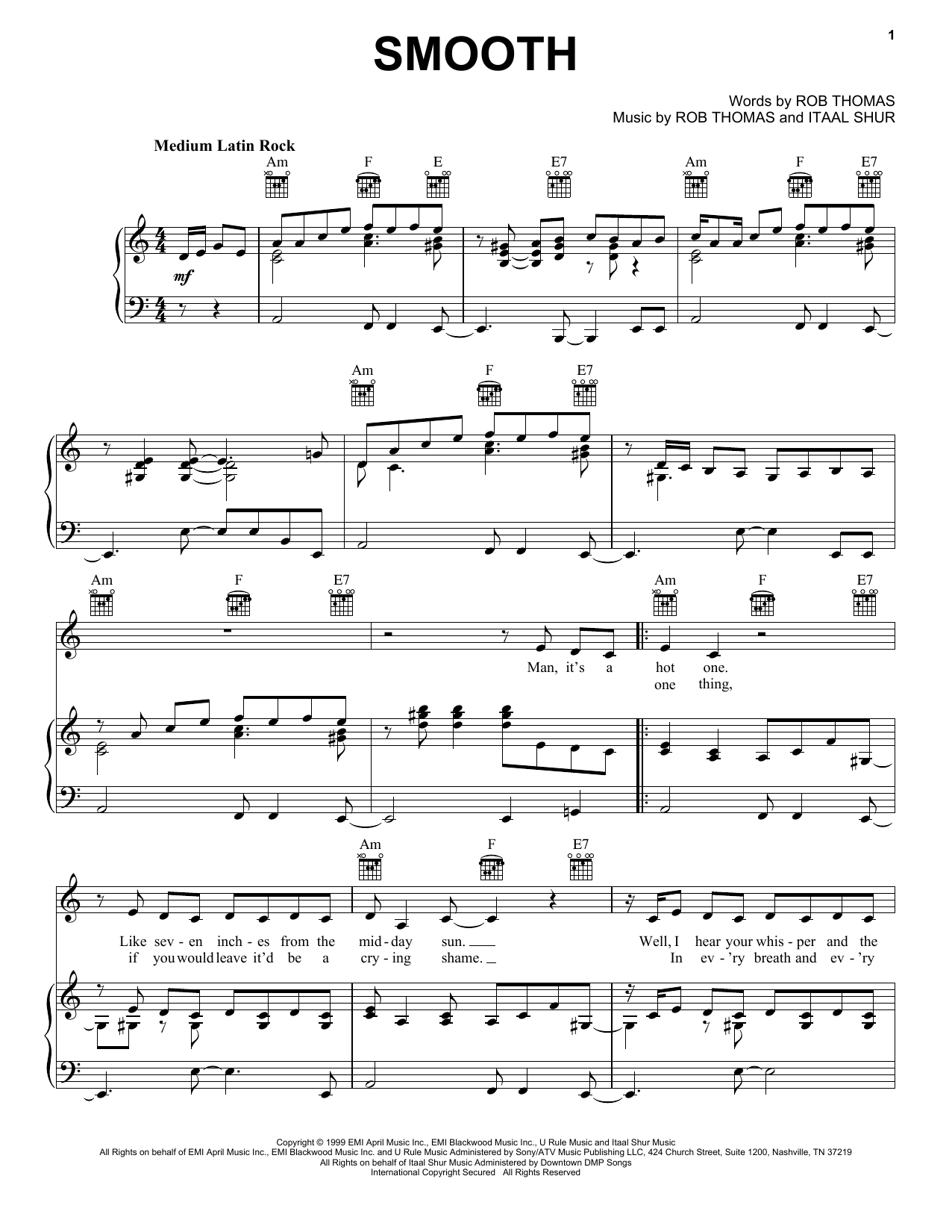 Santana featuring Rob Thomas Smooth Sheet Music Notes & Chords for Lyrics & Piano Chords - Download or Print PDF