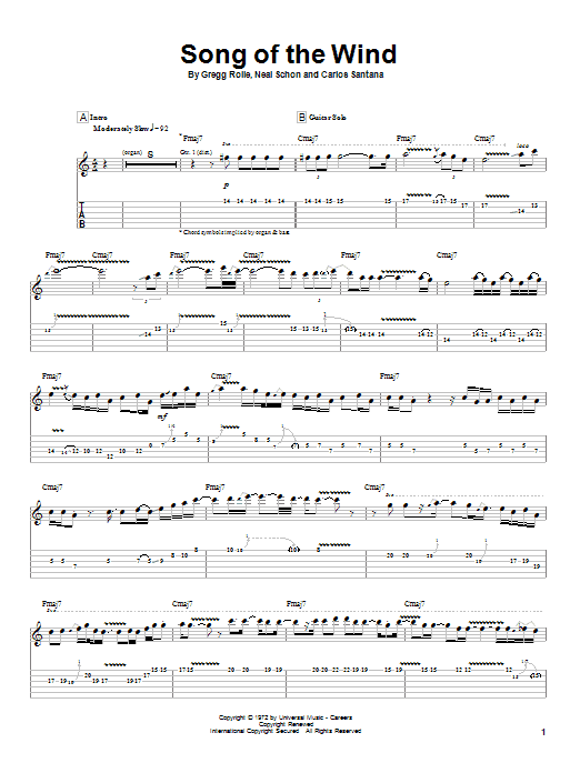 Santana Song Of The Wind Sheet Music Notes & Chords for Guitar Tab - Download or Print PDF