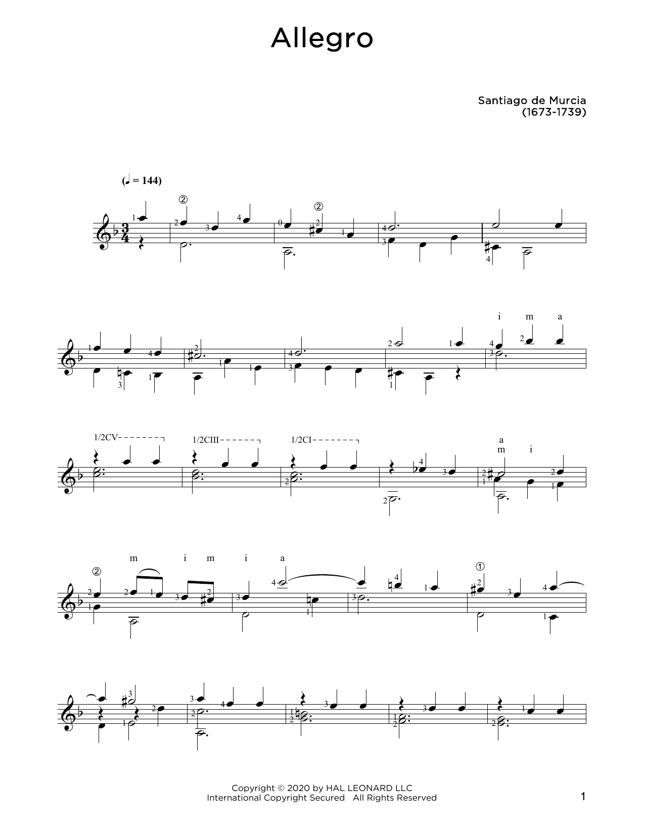 Santiago de Murcia Allegro Sheet Music Notes & Chords for Solo Guitar - Download or Print PDF