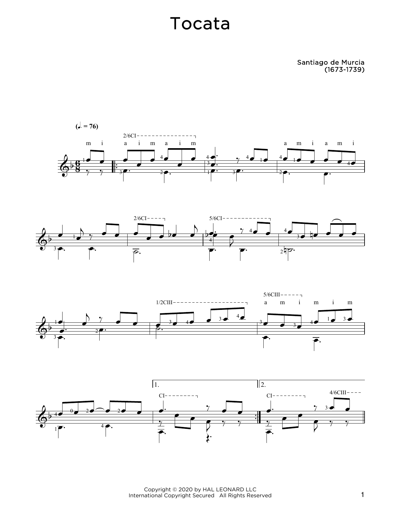 Santiago de Murcia Tocata Sheet Music Notes & Chords for Solo Guitar - Download or Print PDF