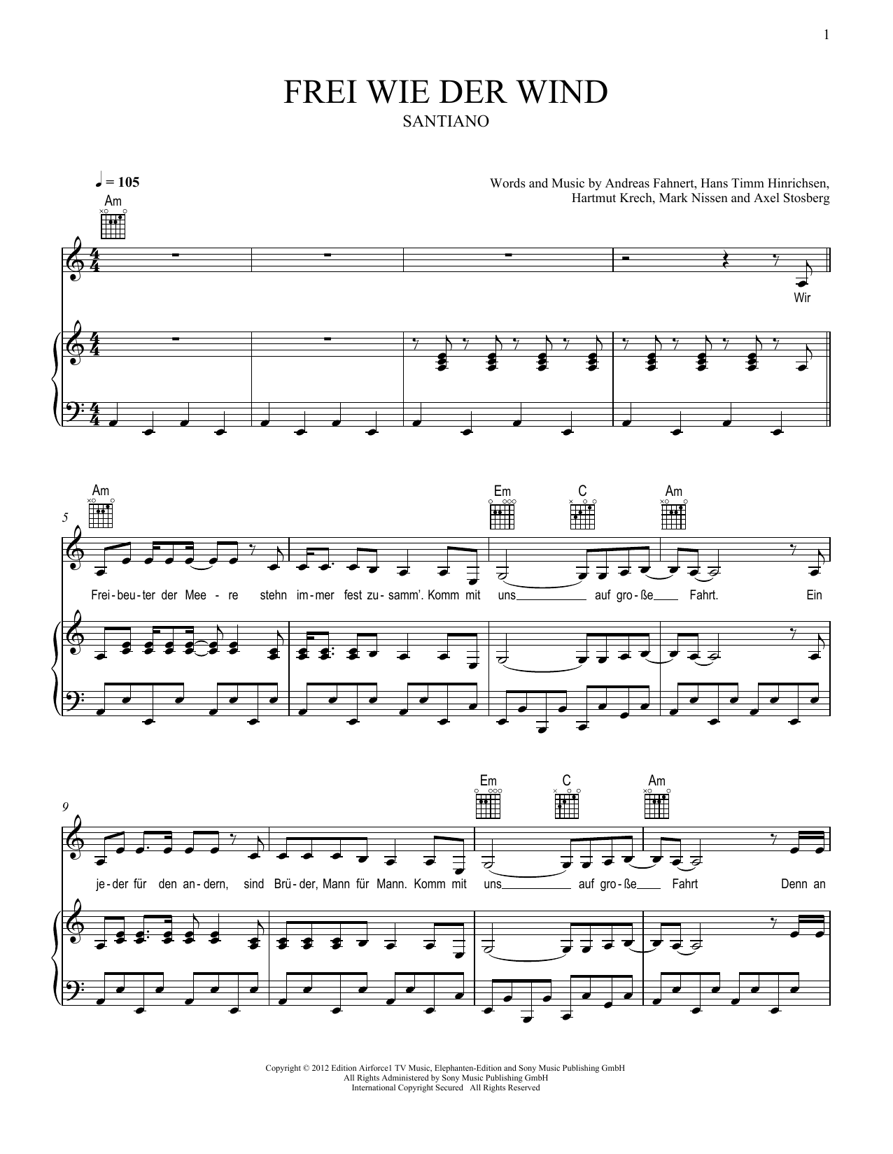 Santiano Frei wie der Wind Sheet Music Notes & Chords for Piano, Vocal & Guitar Chords (Right-Hand Melody) - Download or Print PDF
