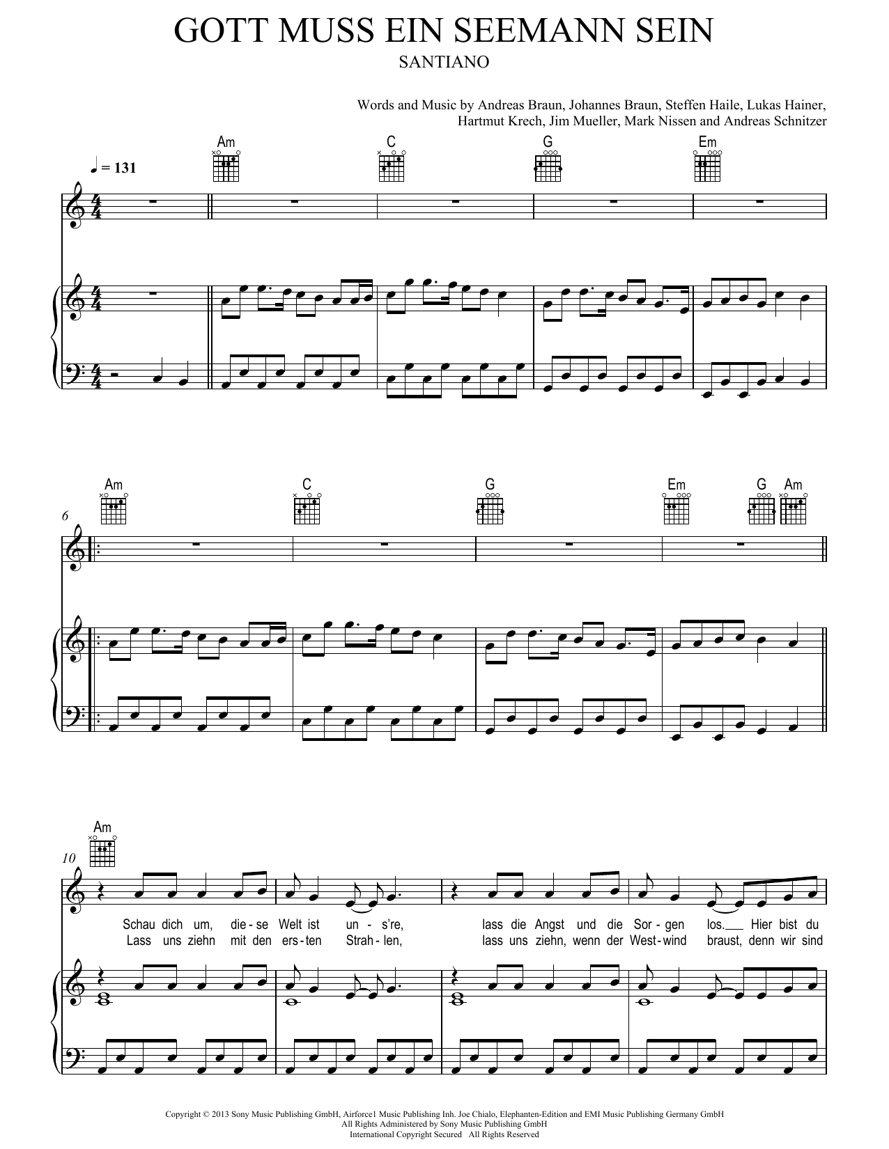 Santiano Gott muss ein Seemann sein Sheet Music Notes & Chords for Piano, Vocal & Guitar Chords (Right-Hand Melody) - Download or Print PDF