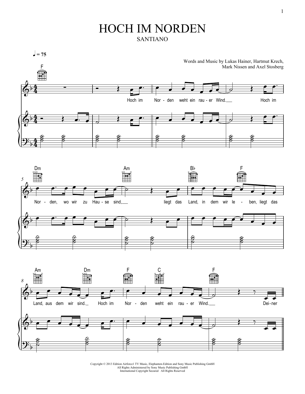 Santiano Hoch im Norden Sheet Music Notes & Chords for Piano, Vocal & Guitar Chords (Right-Hand Melody) - Download or Print PDF