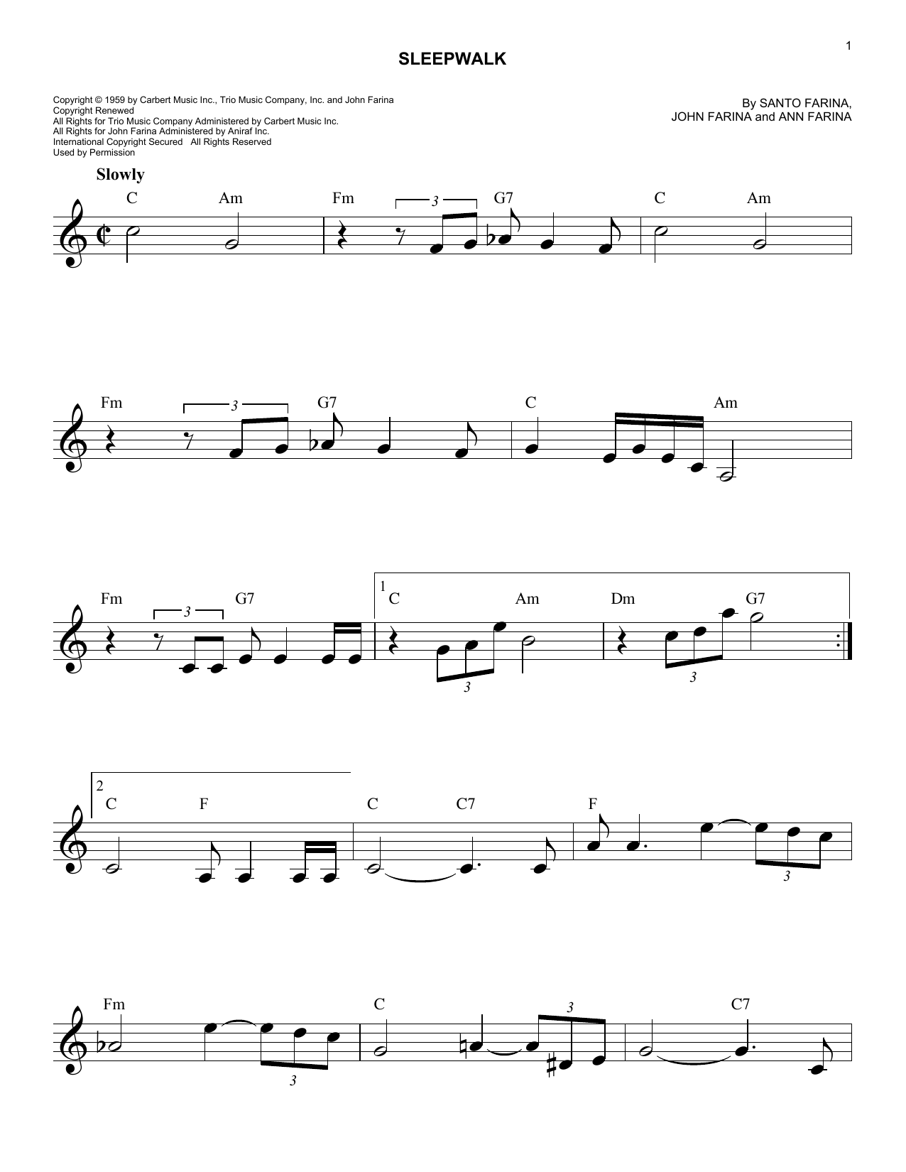 Santo & Johnny Sleepwalk (Instrumental Version) Sheet Music Notes & Chords for Melody Line, Lyrics & Chords - Download or Print PDF