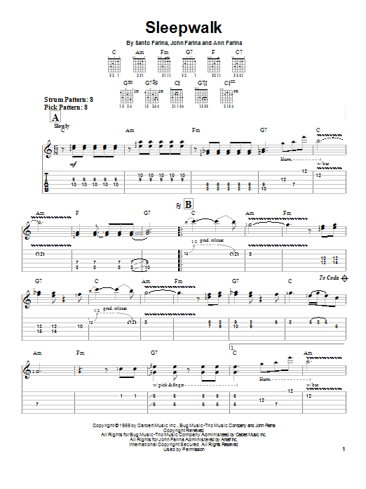 Santo & Johnny Sleepwalk Sheet Music Notes & Chords for Easy Guitar Tab - Download or Print PDF
