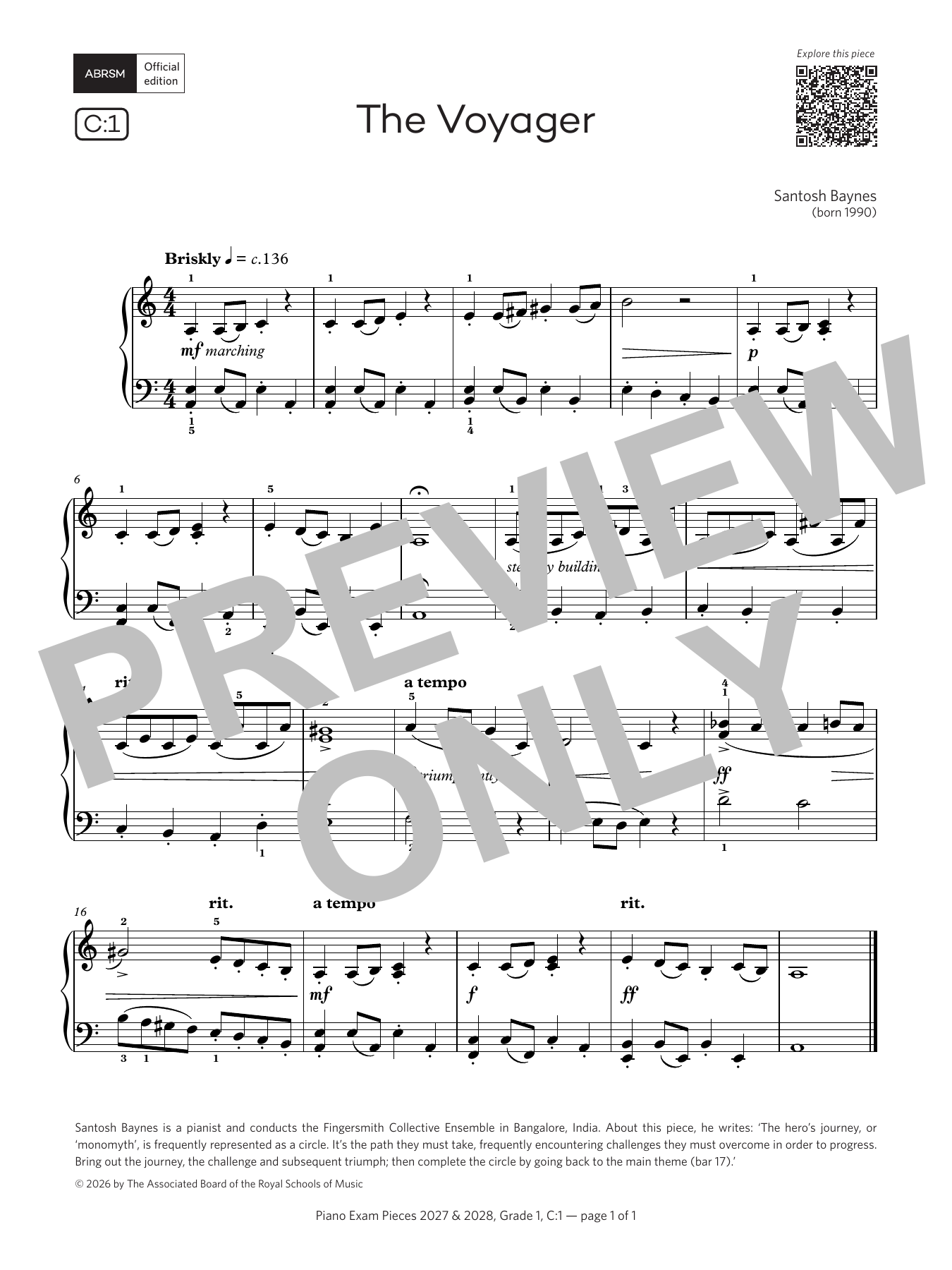 Santosh Baynes The Voyager (Grade 1, list C1, from the ABRSM Piano Syllabus 2027 & 2028) Sheet Music Notes & Chords for Piano Solo - Download or Print PDF