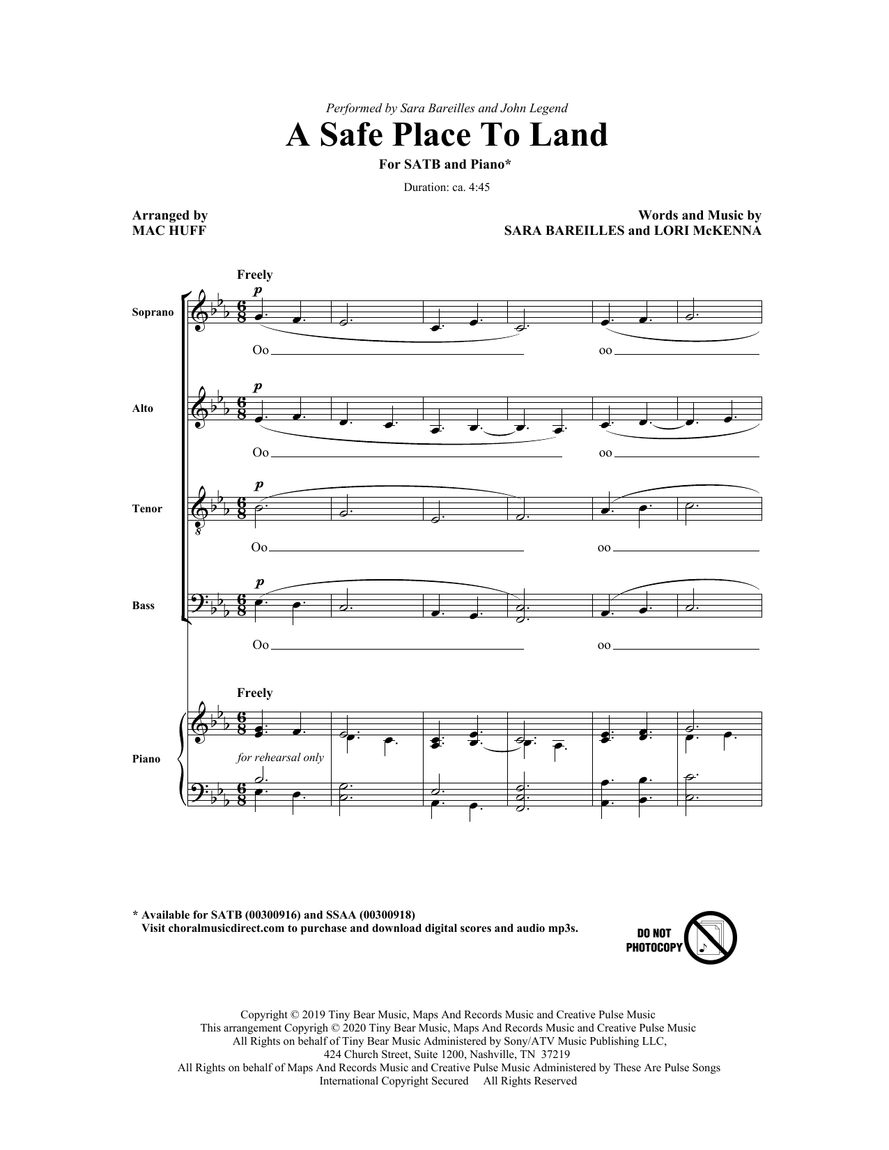 Sara Bareilles A Safe Place To Land (feat. John Legend) (arr. Mac Huff) Sheet Music Notes & Chords for SATB Choir - Download or Print PDF