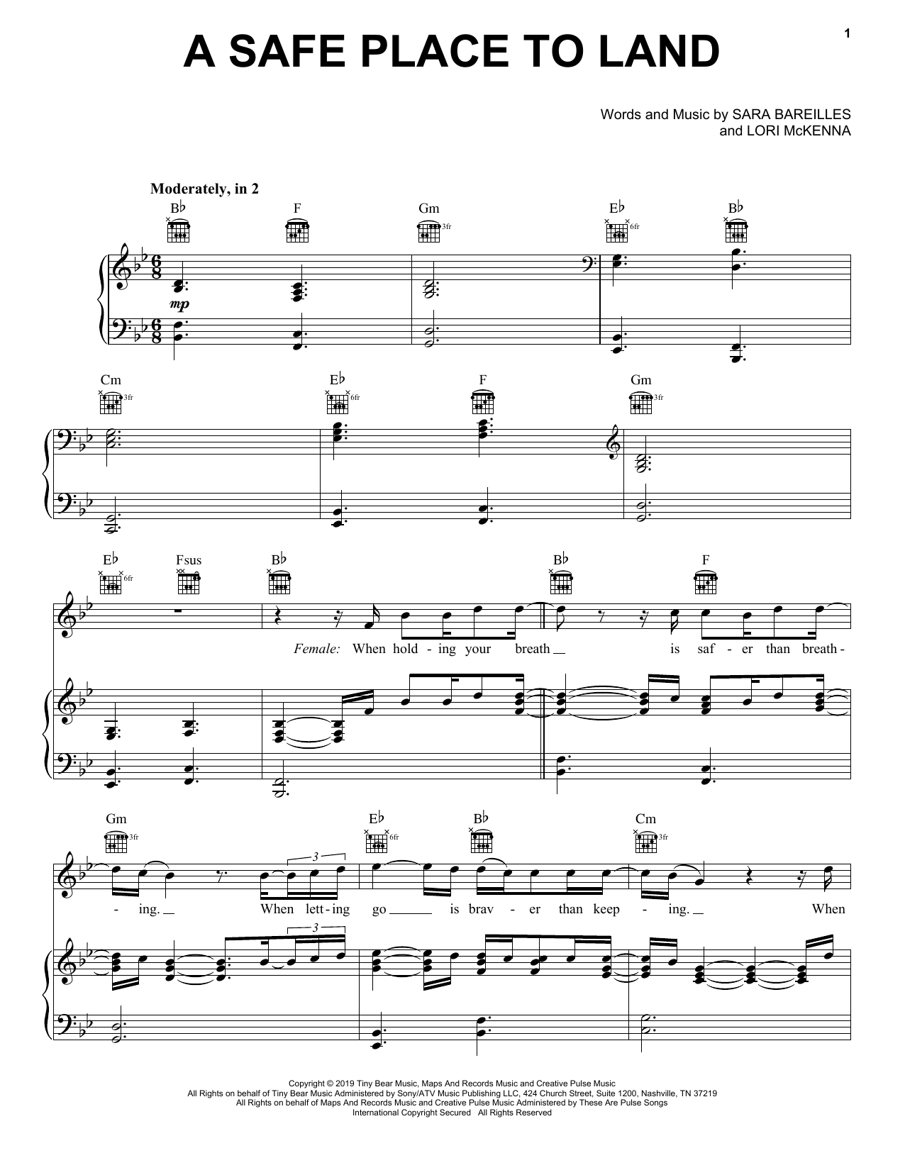 Sara Bareilles A Safe Place To Land (feat. John Legend) Sheet Music Notes & Chords for Piano, Vocal & Guitar (Right-Hand Melody) - Download or Print PDF