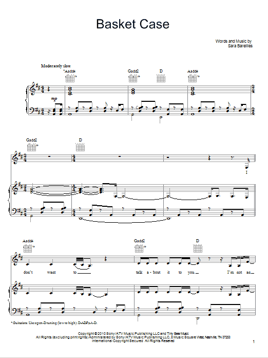 Sara Bareilles Basket Case Sheet Music Notes & Chords for Piano, Vocal & Guitar (Right-Hand Melody) - Download or Print PDF