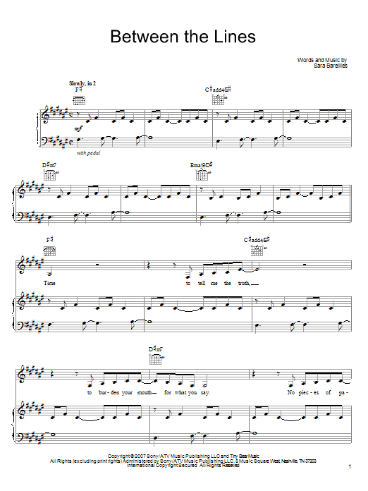 Sara Bareilles Between The Lines Sheet Music Notes & Chords for Lyrics & Chords - Download or Print PDF