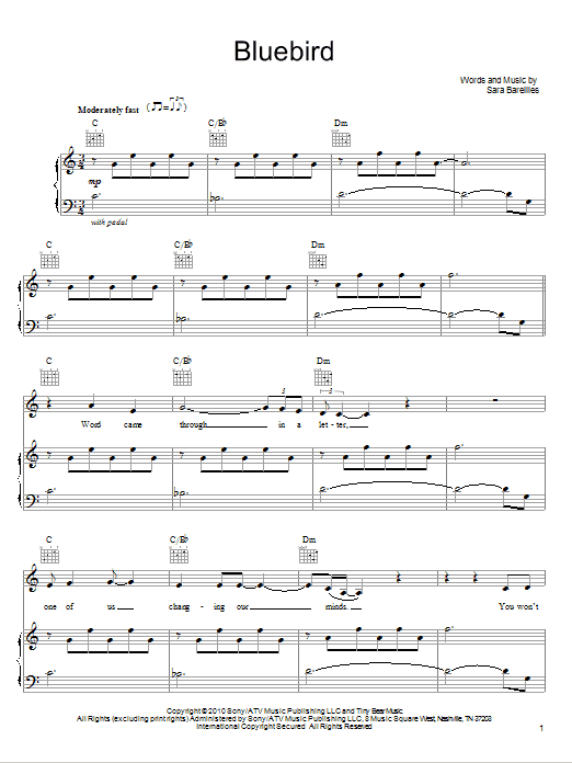 Sara Bareilles Bluebird Sheet Music Notes & Chords for Piano, Vocal & Guitar (Right-Hand Melody) - Download or Print PDF