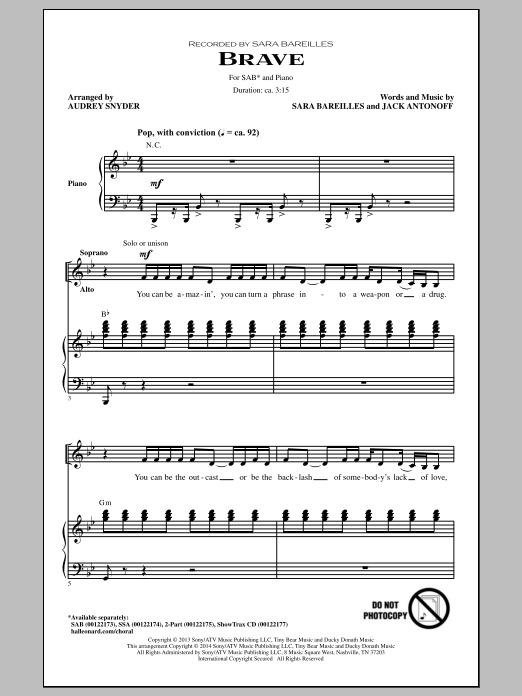 Sara Bareilles Brave (arr. Audrey Snyder) Sheet Music Notes & Chords for SAB - Download or Print PDF