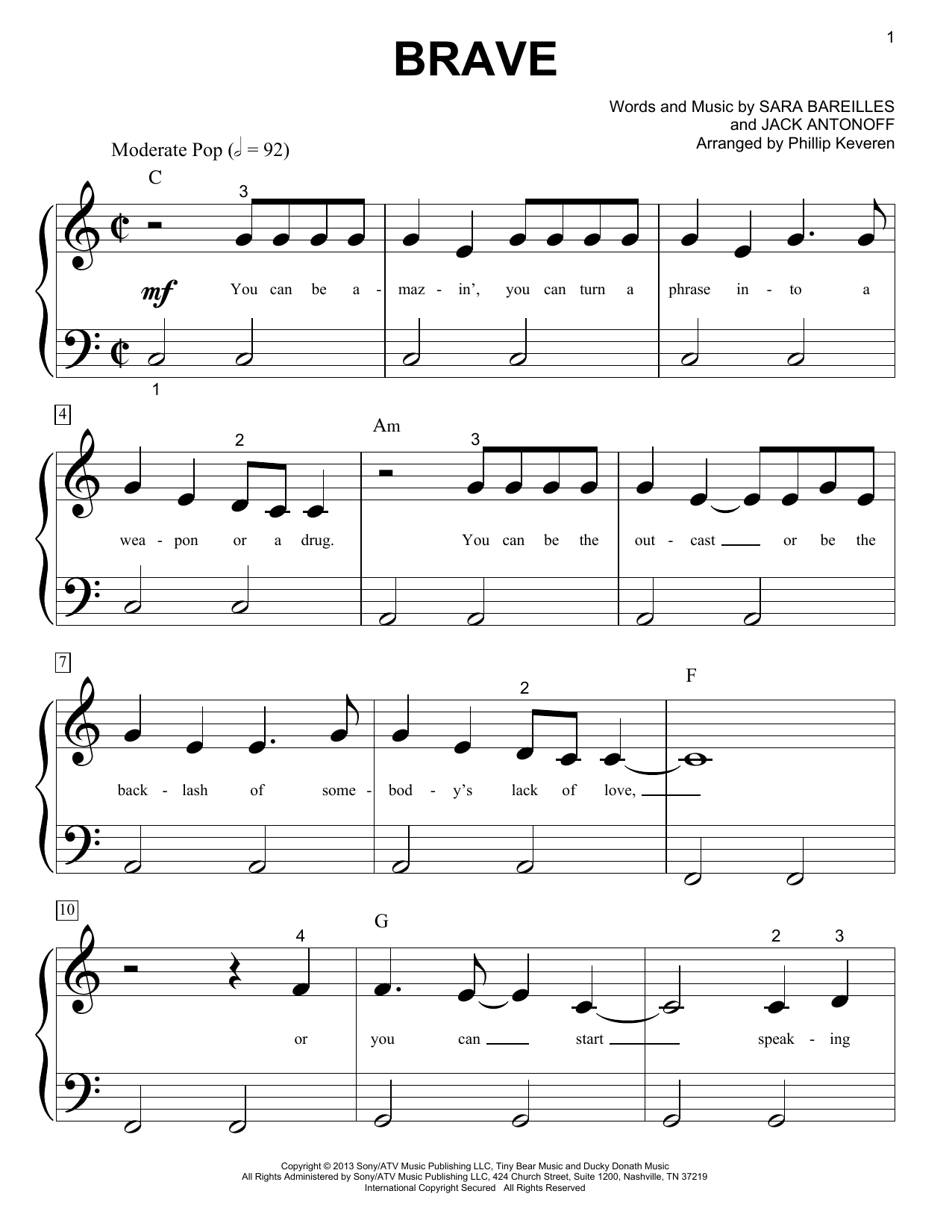 Sara Bareilles Brave Sheet Music Notes & Chords for Piano (Big Notes) - Download or Print PDF