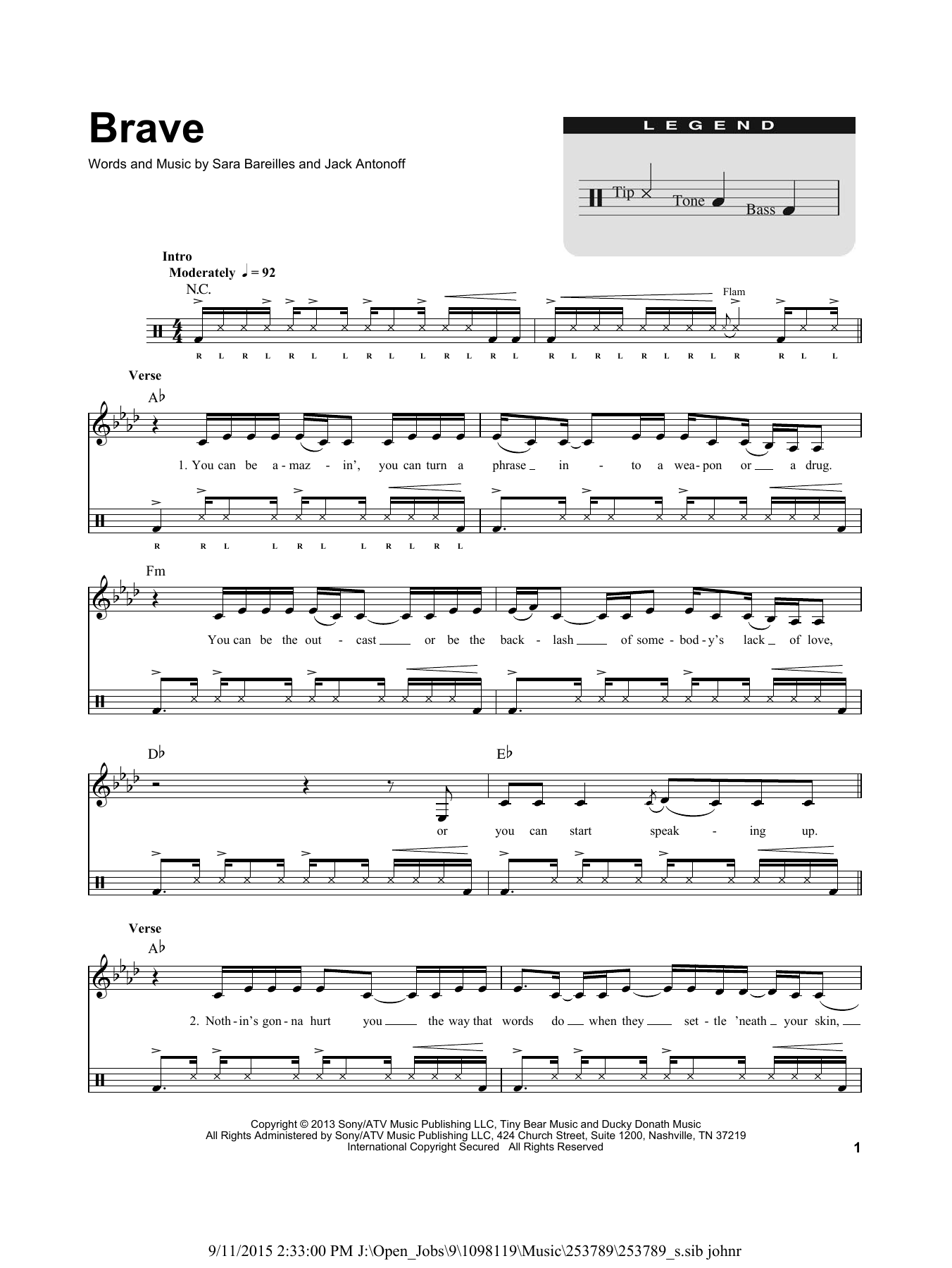 Sara Bareilles Brave Sheet Music Notes & Chords for Drums Transcription - Download or Print PDF