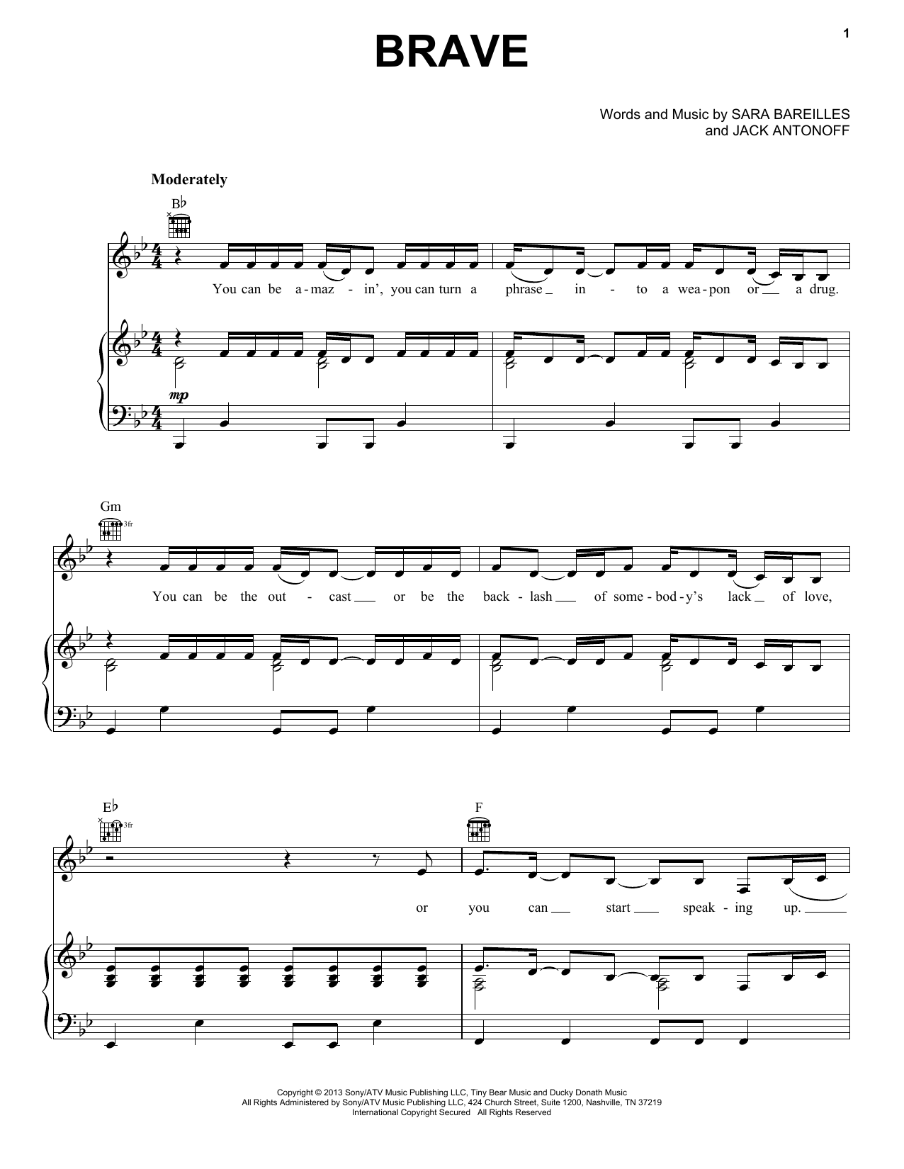 Sara Bareilles Brave Sheet Music Notes & Chords for Piano, Vocal & Guitar (Right-Hand Melody) - Download or Print PDF