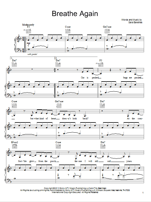 Sara Bareilles Breathe Again Sheet Music Notes & Chords for Lyrics & Chords - Download or Print PDF