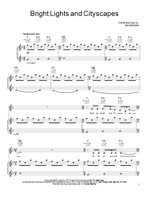 Sara Bareilles Bright Lights And Cityscapes Sheet Music Notes & Chords for Lyrics & Chords - Download or Print PDF