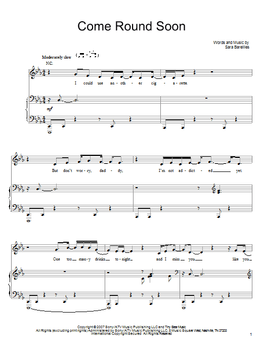 Sara Bareilles Come Round Soon Sheet Music Notes & Chords for Easy Piano - Download or Print PDF