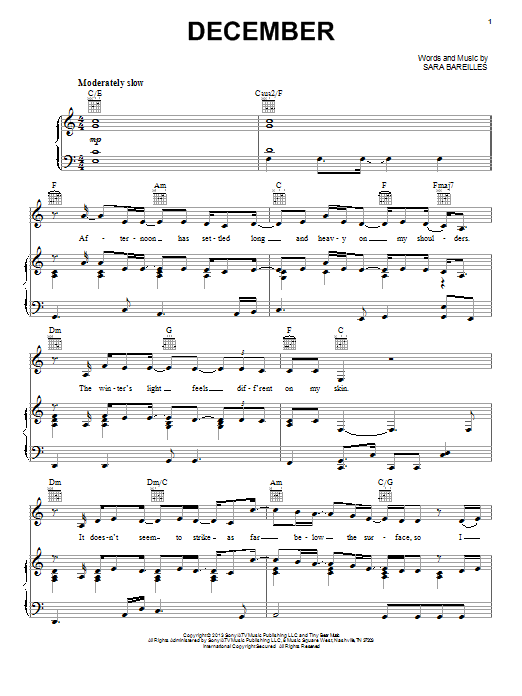 Sara Bareilles December Sheet Music Notes & Chords for Piano, Vocal & Guitar (Right-Hand Melody) - Download or Print PDF