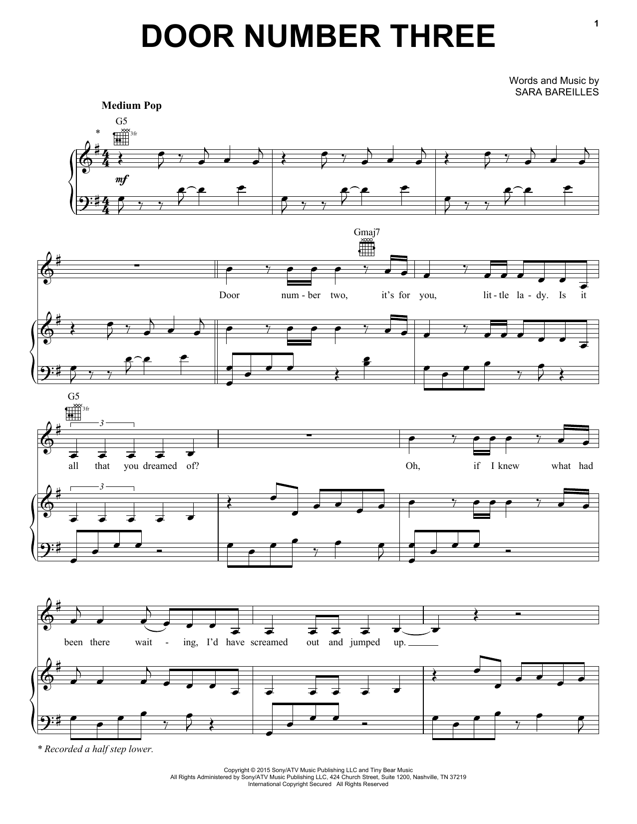 Sara Bareilles Door Number Three Sheet Music Notes & Chords for Piano, Vocal & Guitar (Right-Hand Melody) - Download or Print PDF