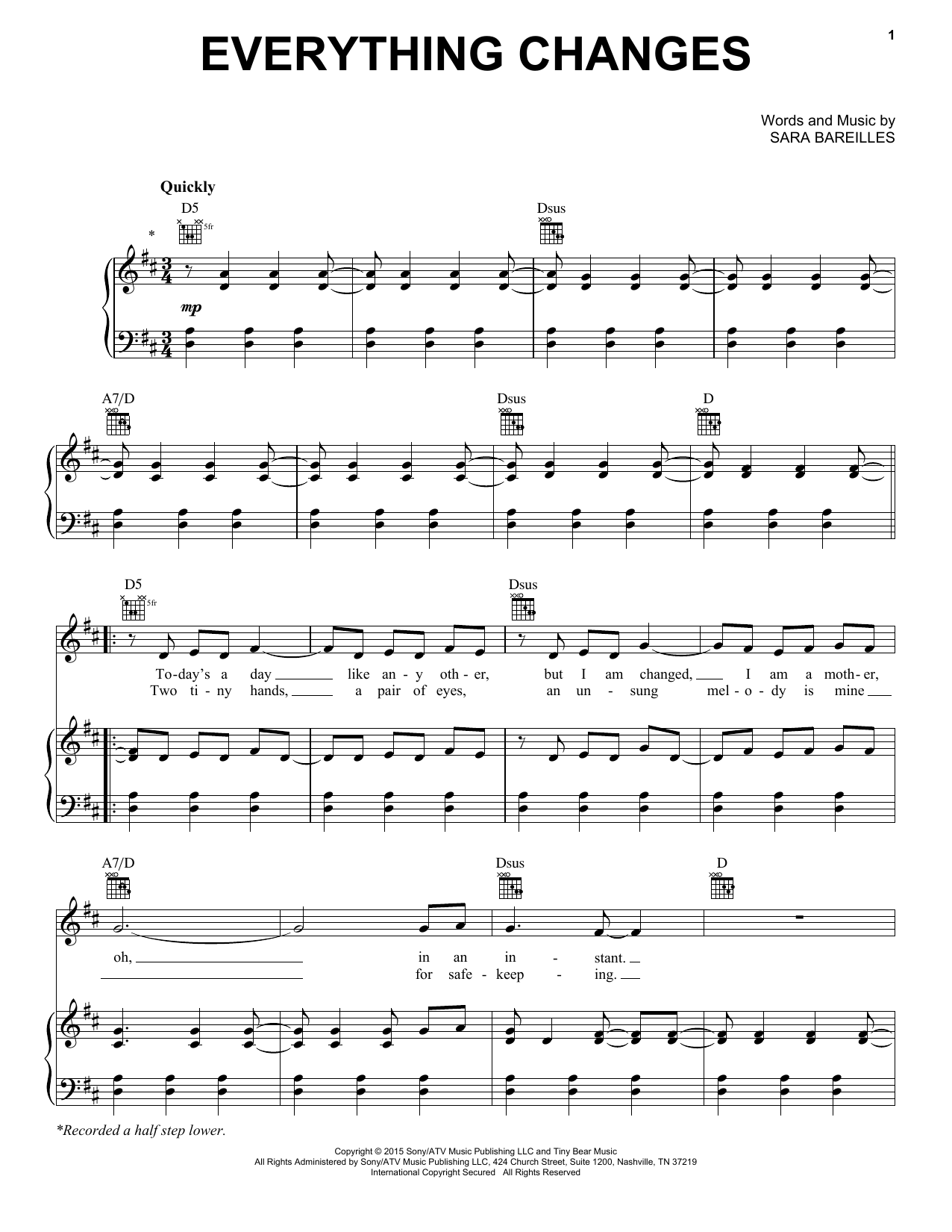 Sara Bareilles Everything Changes (from Waitress The Musical) Sheet Music Notes & Chords for Easy Piano - Download or Print PDF