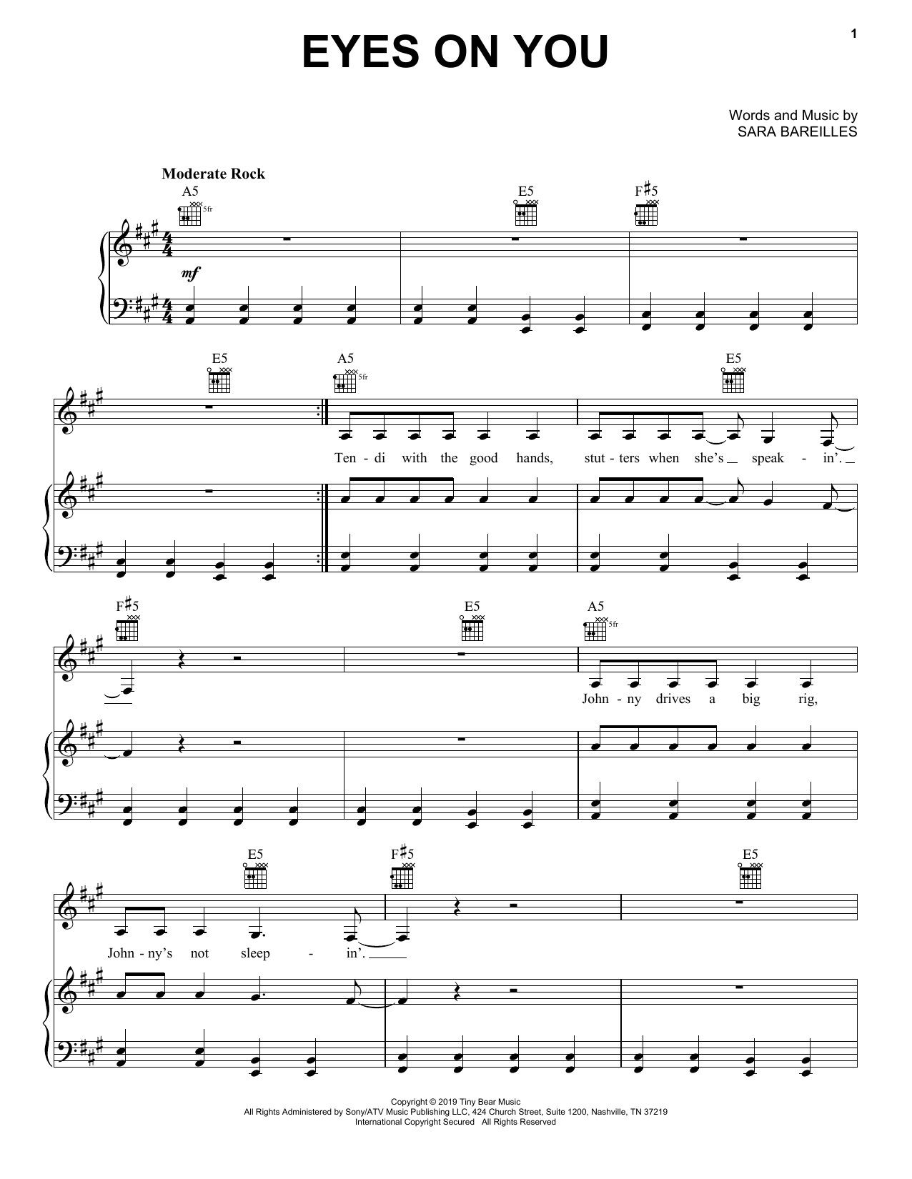 Sara Bareilles Eyes On You Sheet Music Notes & Chords for Piano, Vocal & Guitar (Right-Hand Melody) - Download or Print PDF